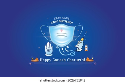 Happy Ganesh Chaturthi festival concept and corona covid 19 vaccine with safety mask