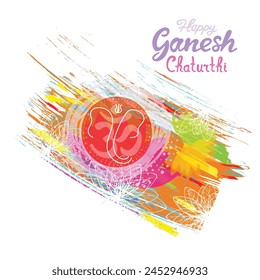 Happy Ganesh Chaturthi Festival greeting with lord Ganesha face illustration. Om or Aum Indian sacred sound. 