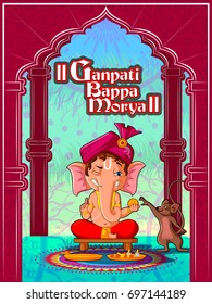 Happy Ganesh Chaturthi festival of India background with Lord Ganpati and text meaning My Father Morya. Vector illustration