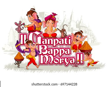 Happy Ganesh Chaturthi festival of India background with Lord Ganpati and text meaning My Father Morya. Vector illustration