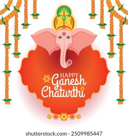 Feliz Ganesh Chaturthi com Ganesha arte e pendurado Marigold guirlandas