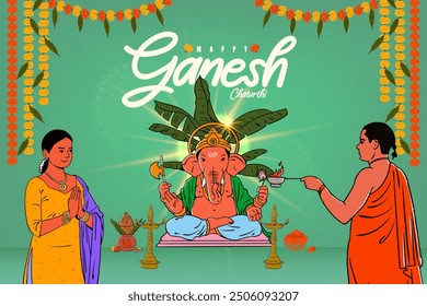 Happy Ganesh Chaturthi, Ganesha vector illustration and Indian people celebrating vector, sketch, and illustration for social media banner design template  