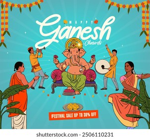 Happy Ganesh Chaturthi, Ganesha vector illustration and Indian people celebrating vector, sketch, and illustration for social media festival sale banner design template  