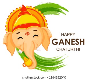 Happy Ganesh Chaturthi greeting card for traditional Indian festival. Face of Lord Ganesha in cartoon style. Vector illustration on green watercolor background.