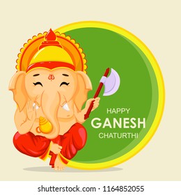 Happy Ganesh Chaturthi greeting card for traditional Indian festival. Lord Ganesha in cartoon style. Vector illustration on background with green and yellow circles.