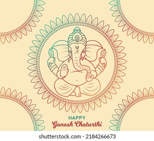 Happy Ganesh Chaturthi greeting card mandala. Artistic Hindu Indian Worship Festival graphic. Line art Gradient design Poster Vector illustration. Social media post, website, banner, invite, promotion