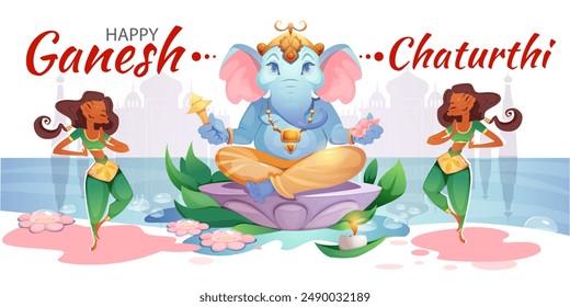 Feliz Ganesh Chaturthi. Tarjeta de felicitación para celebrar la tradicional festividad india. Fiesta hindú de adoración a Dios Ganesha. Cartel con la deidad del elefante. Diseño para postal. Ilustración vectorial de dibujos animados