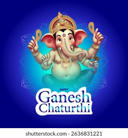 Happy Ganesh Chaturthi greeting card with cute Lord Ganesha, blue glowing mandala background, traditional Indian artwork for Hindu festival celebration and decoration.