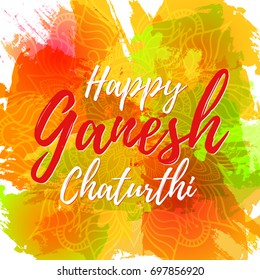 Happy Ganesh Chaturthi. Greeting card  for Indian festival of Ganesh Chaturthi. Vector illustration with inscription on grungy colourful background with mandala.