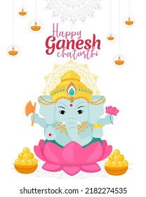 Happy Ganesh Chaturthi greetings. Design for holiday banner or poster. Traditional Indian festivals. Vector illustration isolated on white background.