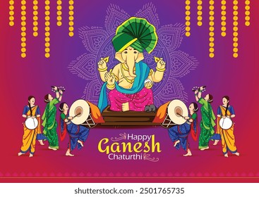 Frohe Ganesh Chaturthi Grüße. Vektorgrafik-Design mit dhol tasha