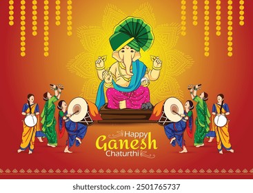 Frohe Ganesh Chaturthi Grüße. Vektorgrafik-Design mit dhol tasha