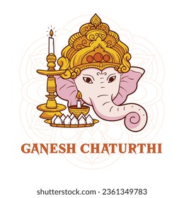 Happy Ganesh Chaturthi Hindi text and Ganesha illustration vector with a background of Indian festival