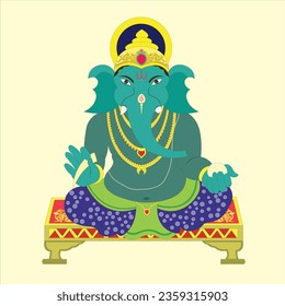 Happy Ganesh Chaturthi Idol blue Ganesha sitting on plank with laddu in one hand and tusk in other hand on off white color background. 