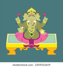 Happy Ganesh Chaturthi Idol Ganesha sitting on plank with two lotuses in his hand , laddu in one hand and tusk in other hand on blue color background. 