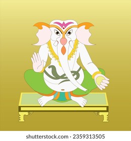 Happy Ganesh Chaturthi Idol Ganesha sitting on plank with laddu in one hand on pale yellow color background. 