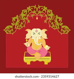 Happy Ganesh Chaturthi Idol Ganesha sitting on plank and golden arch behind, lotus in his hand , traditional laddu in one hand and tusk in other hand on red color background. 