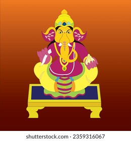 Happy Ganesh Chaturthi Idol Ganesha sitting on plank in his hand , laddu in one hand and tusk in other hand on red color background. 