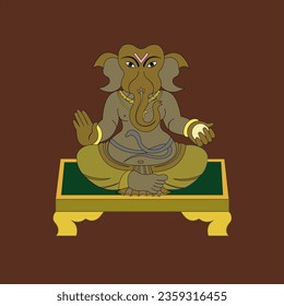 Happy Ganesh Chaturthi Idol Ganesha sitting on plank, laddu in one hand and tusk in other hand on dark brown background. 