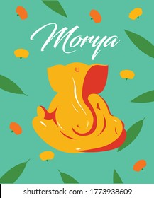 Happy Ganesh Chaturthi, Illustration of Lord Ganesha, Ganesh Chaturthi, Leaf decoration Ganesha Poster, Ganpati Festival, Ganpati Bappa Morya		