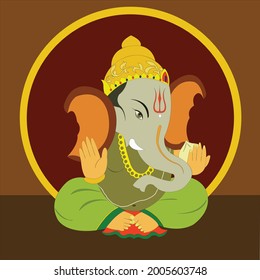Happy Ganesh Chaturthi Lord Ganesha in green color with Modak sweet in his hand maroon color  circle against on brown color background.