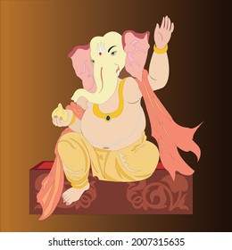 Happy Ganesh Chaturthi Lord Ganesha in pink color with traditional sweet in one hand sitting on decorative plank on brown color background.