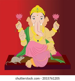 Happy Ganesh Chaturthi lord Ganesha sitting on plank with lotuses in his both hands and mice near leg on brown color background.