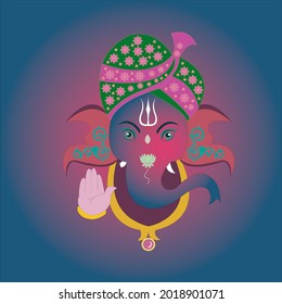 Happy Ganesh Chaturthi lord Ganesha with turban in blue color on blue pink background. 