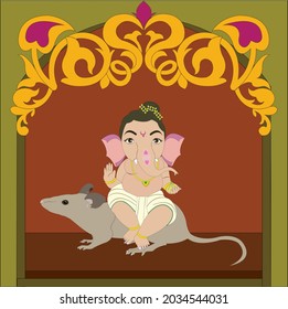 Happy Ganesh chaturthi lord Ganesha sitting on mouse with decorative arch on brown color background.