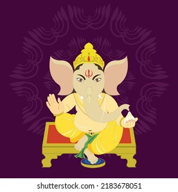 Happy Ganesh Chaturthi , Lord Ganesha sitting on decorative red plank with Indian sweet in his hand on violet color background with circular design with lavender color .  