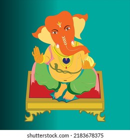 Happy Ganesh Chaturthi , Lord Ganesha sitting on decorative plank with Indian sweet in hand on light blue color vignetted background.  