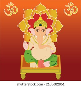 Happy Ganesh Chaturthi , Lord Ganesha sitting on decorative plank holding Indian sweet in one hand,  lotus floral design and symbol om on the brown color vignetted background. 