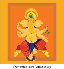 Happy Ganesh Chaturthi Lord Ganesha sitting on red color plank with snake and trident in his hand, orange square  and golden yellow  color background.