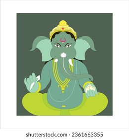 Happy Ganesh Chaturthi Lord Ganesha sitting on plank tusk in one hand and and Indian sweet in the other hand on greenish grey color background.