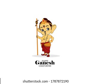 Happy Ganesh Chaturthi with lovely Ganesha standing , illustration of cute little ganesha. Happy ganesh chaturthi text.