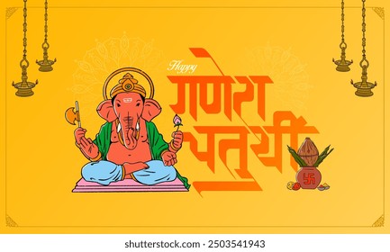 Happy Ganesh Chaturthi Marathi, Hindi Calligraphy with Ganesha vector illustration and traditional background, Ganesh Chaturthi social media banner design, Invitation card template  