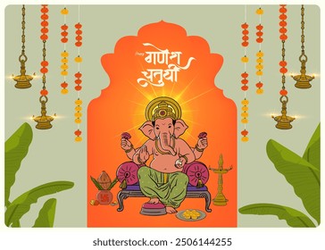 Happy Ganesh Chaturthi Marathi, Hindi Calligraphy with Ganesha vector illustration and traditional background, Ganesh Chaturthi social media banner design, Invitation card template  