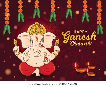 Happy Ganesh Chaturthi poster. Artistic Hindu Worship Festival graphic. Mandala, marigold flower, leaves Banner Vector illustration. Social media post, website header, greeting card, invite, promotion