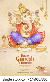 Happy Ganesh Chaturthi poster design with god Ganesha holding ritual implement