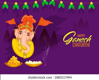 Happy Ganesh Chaturthi Poster Design With Lord Ganesha Face, Flags, Laddu And Modak In Bowls On Purple Silhouette Temple Background.