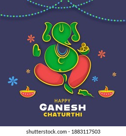 Happy Ganesh Chaturthi Poster Design With Creative Lord Ganesha, Rat, Illuminated Oil Lamp (Diya) And Flowers Decorated Blue Background.
