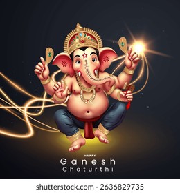 Happy Ganesh Chaturthi Poster Featuring Cute Lord Ganesha on Dark Background with Glowing Light Effects – Hindu Festival Celebration Artwork for Digital Use or Print.