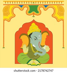 Happy Ganesh Chaturthi, sitting  lord Ganesha on red color background,  the decorative arch with marigold flowers around on yellow color background.