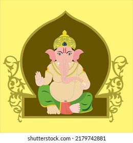 Happy Ganesh Chaturthi sitting Lord Ganesha with Indian sweet in hand the decorative sap color arch around on yellow color background.