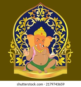 Happy Ganesh Chaturthi sitting Lord Ganesha with Indian sweet in hand the decorative arch around on sap green color background.