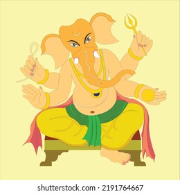 Happy Ganesh Chaturthi sitting lord Ganesha on brown plank with trident and Indian sweet in hands yellow color background. 