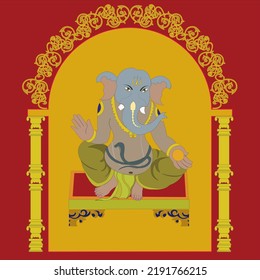 Happy Ganesh Chaturthi sitting lord Ganesha on maroon plank holding Indian sweet in his handand the decorative arch behind on maroon color background. 