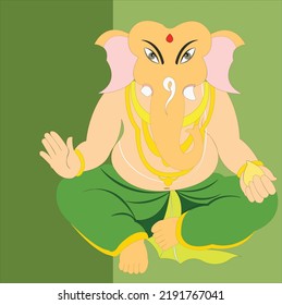 Happy Ganesh Chaturthi sitting lord Ganesha with Indian sweet in his hand on green color background. 