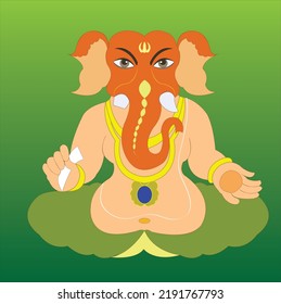 Happy Ganesh Chaturthi sitting lord Ganesha  with broken tusk and Indian sweet in his hand on green  color background. 