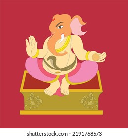 Happy Ganesh Chaturthi sitting lord Ganesha on plank with Indian sweet in his hand on dark pink color background. 